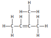 Chemical structure of 2-methylbut-2-ene, showing a five-carbon chain with double bond and a methyl group at the second carbon position, with hydrogen atoms.