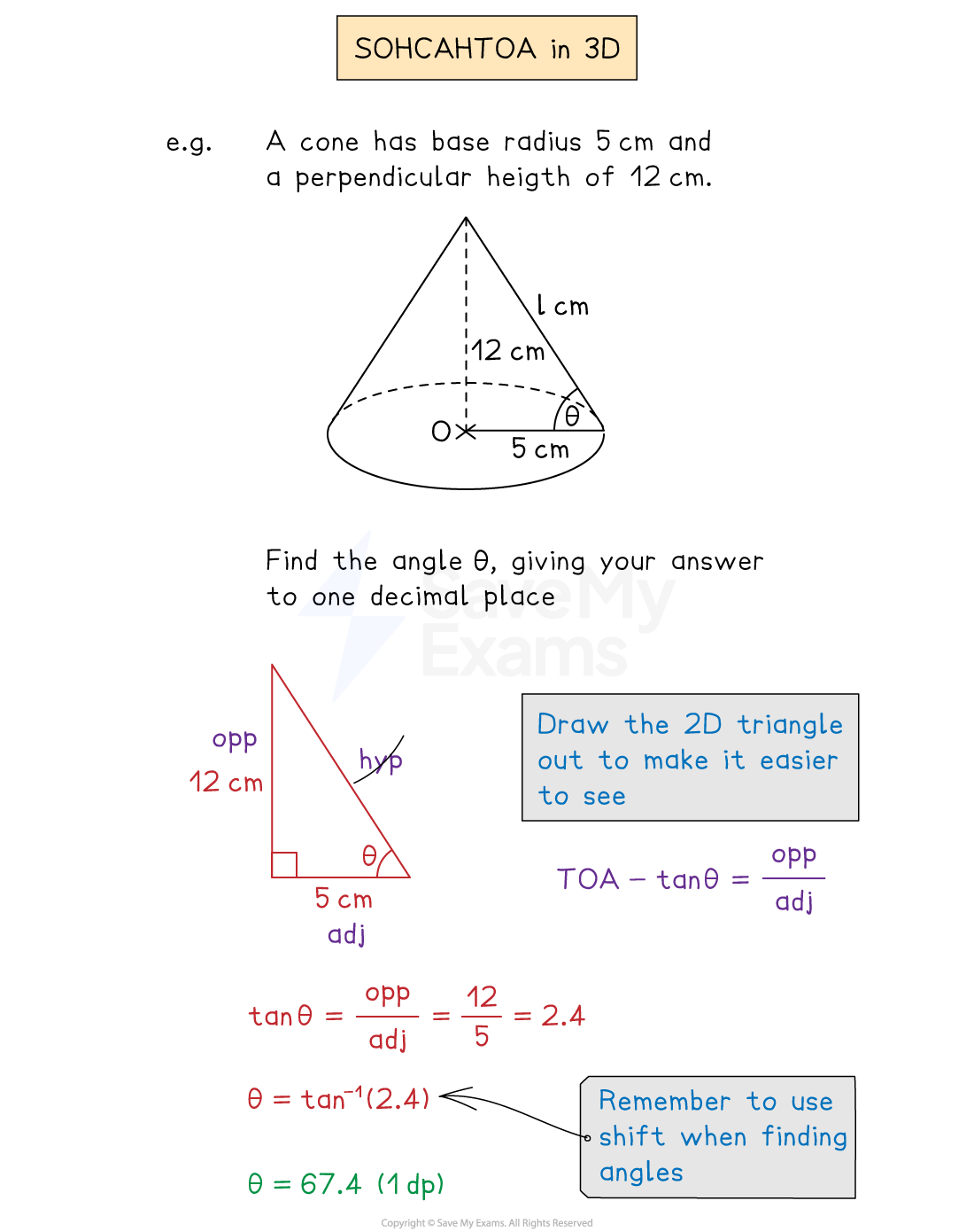 Example showing SOHCAHTOA to find the angle between the base and the slant height of a cone , given its radius and perpendicular height.