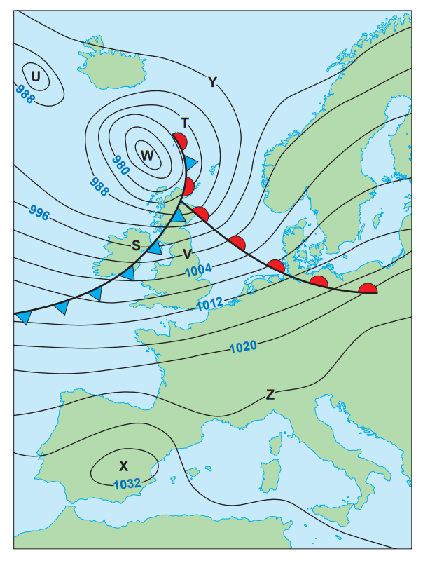 Weather map showing isobars over Europe and the North Atlantic; low-pressure systems with warm and cold fronts are indicated with symbols and pressure values.