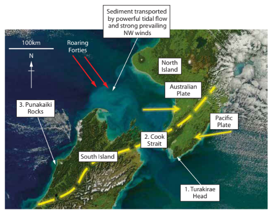Map showing New Zealand's North and South Islands. Labels indicate Cook Strait, Turakirae Head, Punakaiki Rocks, and tectonic plates. Arrows show tidal flow.