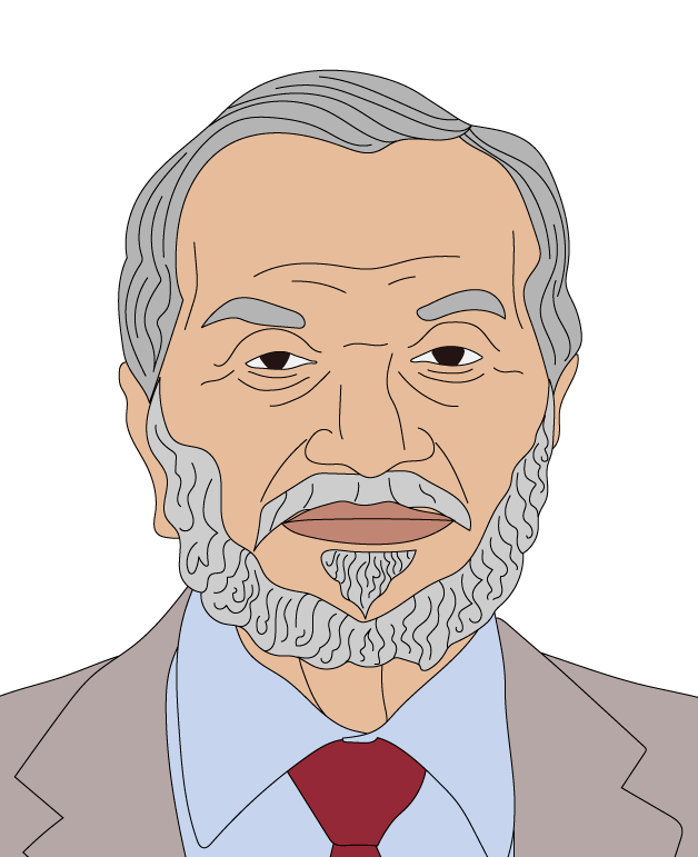 Elderly man with white hair and beard, wearing a dark suit and tie, smiling against a plain grey background.