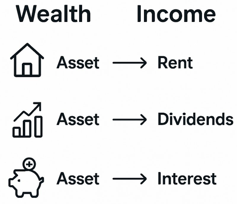 Diagram showing wealth as assets generating income types: house for rent, stocks for dividends, piggy bank for interest.