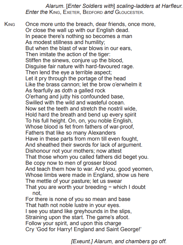 Text from Shakespeare's Henry V, featuring the "Once more unto the breach" speech by the King, urging courage in battle at Harfleur.