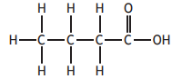 Structural formula of butanoic acid, showing a four-carbon chain with hydrogen atoms, a double-bonded oxygen, and a hydroxyl group at the end.