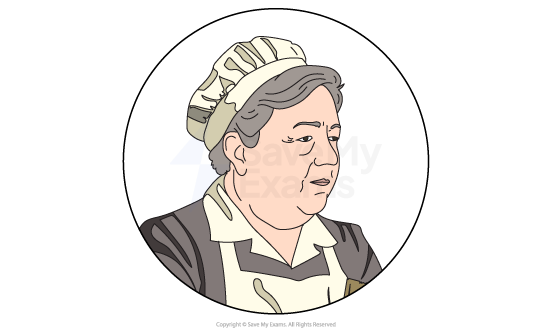 Illustration of a woman in a maid's uniform with a cap, shown in profile within a circular frame, conveying an expression of attentiveness.