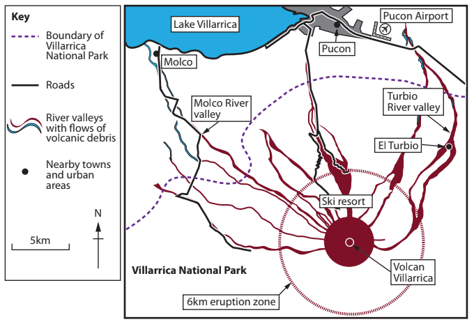 Map of Villarrica National Park showing the volcano, ski resort, river valleys with volcanic debris, towns, roads, and a 6 km eruption zone.