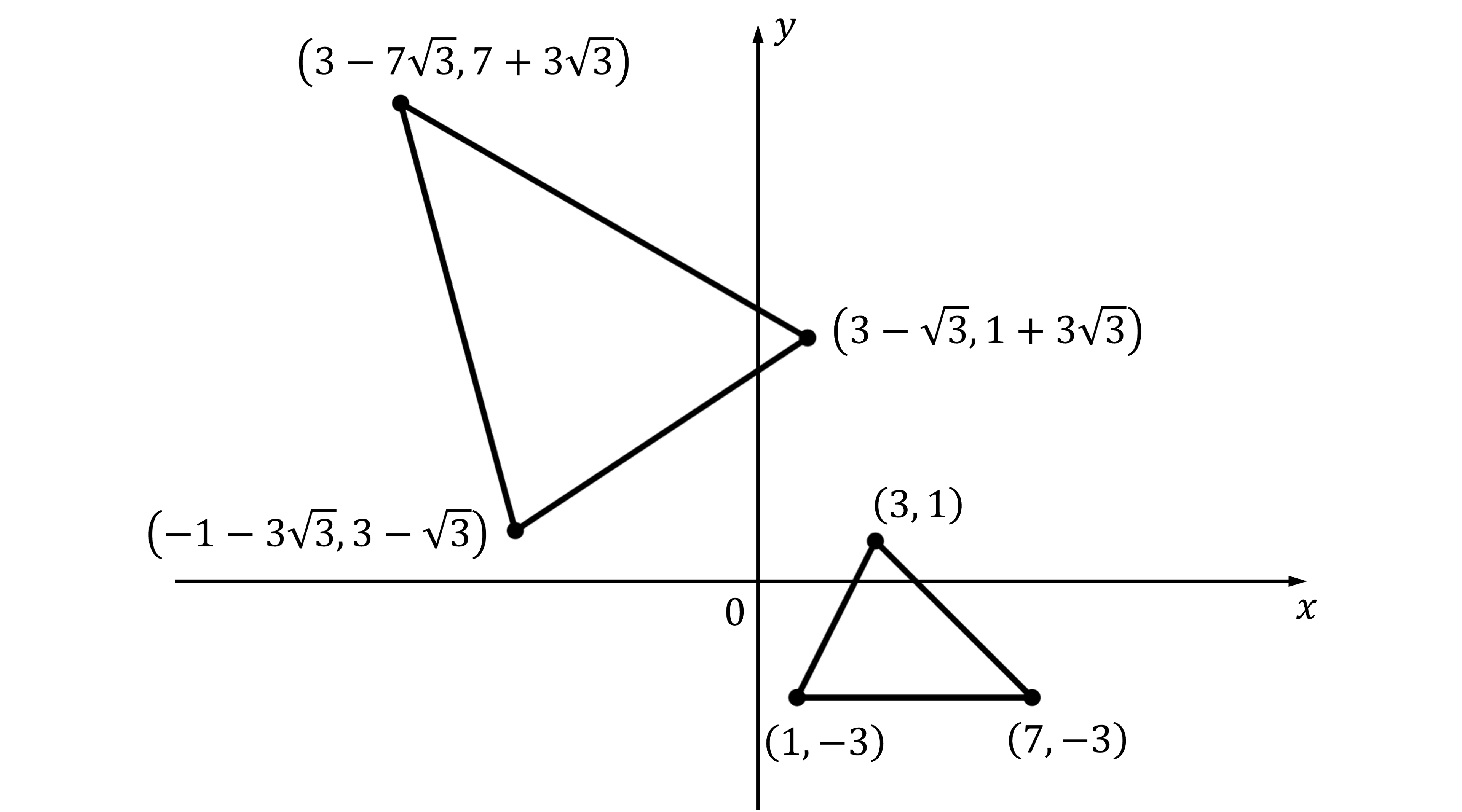 A graph showing two triangles. The larger triangle has vertices with surds, and the smaller triangle below has vertices at (1,-3), (3,1), and (7,-3).