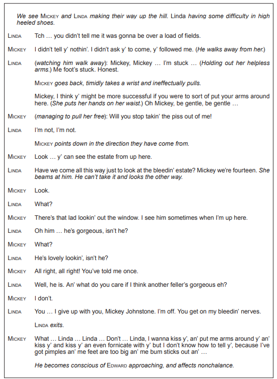A script excerpt where Mickey and Linda converse on a hill. Linda struggles with her shoes; they joke and flirt, ending with Linda's exit and Mickey's monologue.