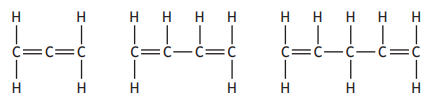 Structural formulas of alkynes: ethyne with a carbon-carbon triple bond, propyne with a triple bond, and 1-butyne with a triple bond and four carbons.