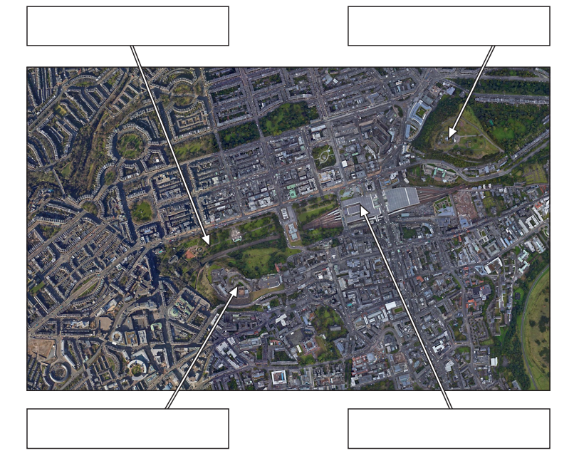 Aerial view of a city layout with multiple neighbourhoods, roads, and green spaces. Labels and arrows point to specific locations on the map.