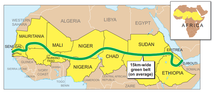 Map of Africa highlights a green belt across countries from Senegal to Ethiopia, showing a 15km-wide corridor. Inset shows Africa with the region marked.
