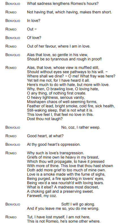 Transcript of a dialogue between Benvolio and Romeo in Shakespearean English, discussing themes of love, sadness, and inner conflict, with poetic language.