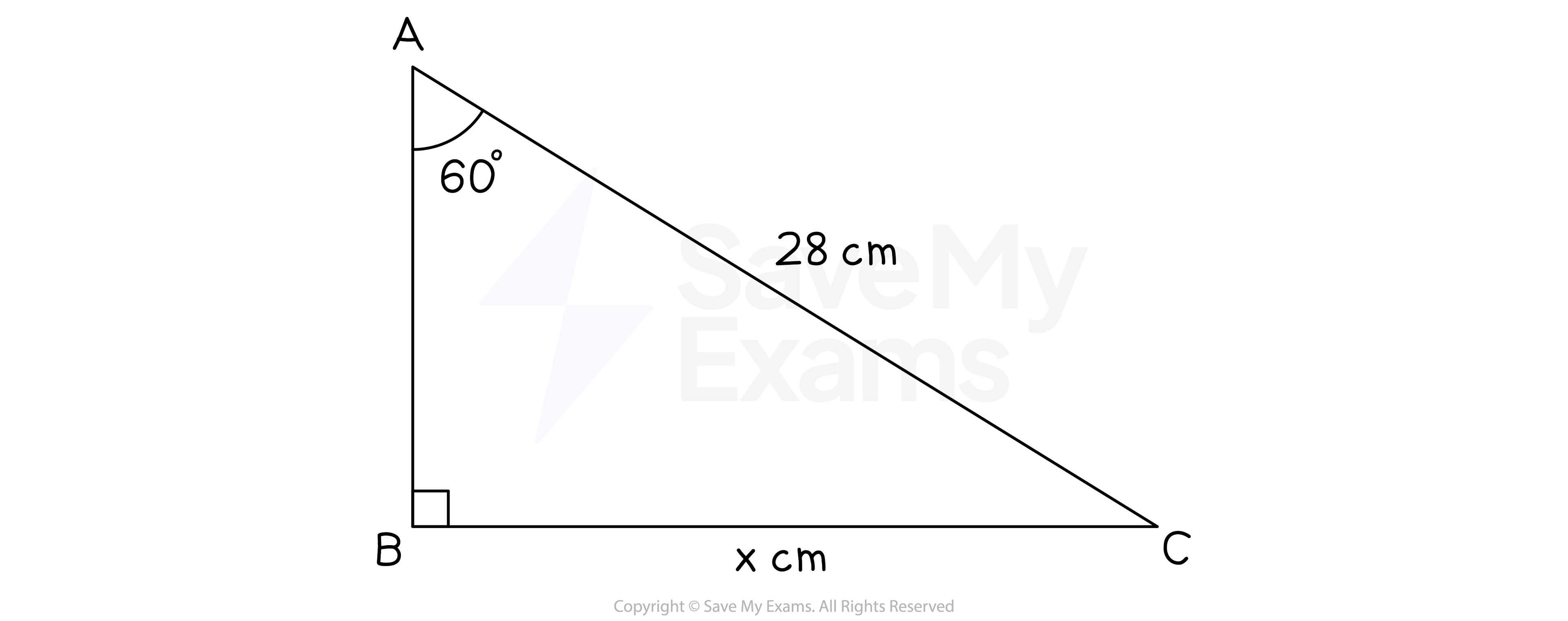 Triangle ABC with angle BAC = 60º, AC = 28 cm and BC = x cm.