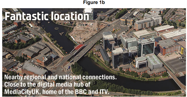 Aerial view of a cityscape with a river and bridge, highlighting MediaCityUK. Text emphasises its fantastic location near regional connections.