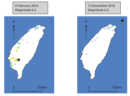Two maps of Taiwan showing earthquake epicentres. Left: 6 Feb 2016, multiple coloured dots near the southwest. Right: 13 Nov 2016, dots dispersed north to south.