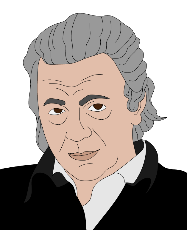 Illustrated portrait of an older man with grey hair, wearing a black jacket and white shirt, looking slightly to the side against a white background.