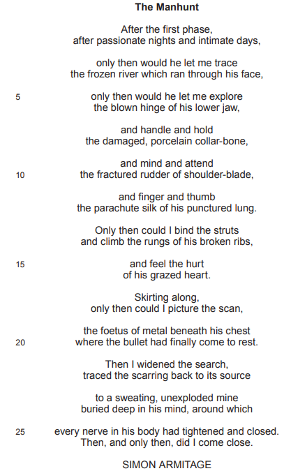 A poem titled "The Manhunt" by Simon Armitage, exploring themes of physical and emotional healing after trauma, with vivid imagery of injury.