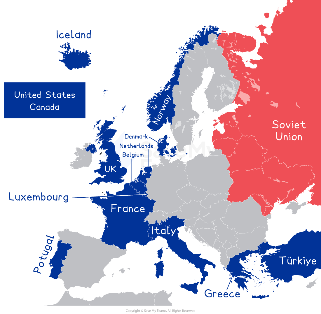 Map showing Europe with NATO member countries in blue, including UK, France, and Turkey. The Soviet Union is marked in red.