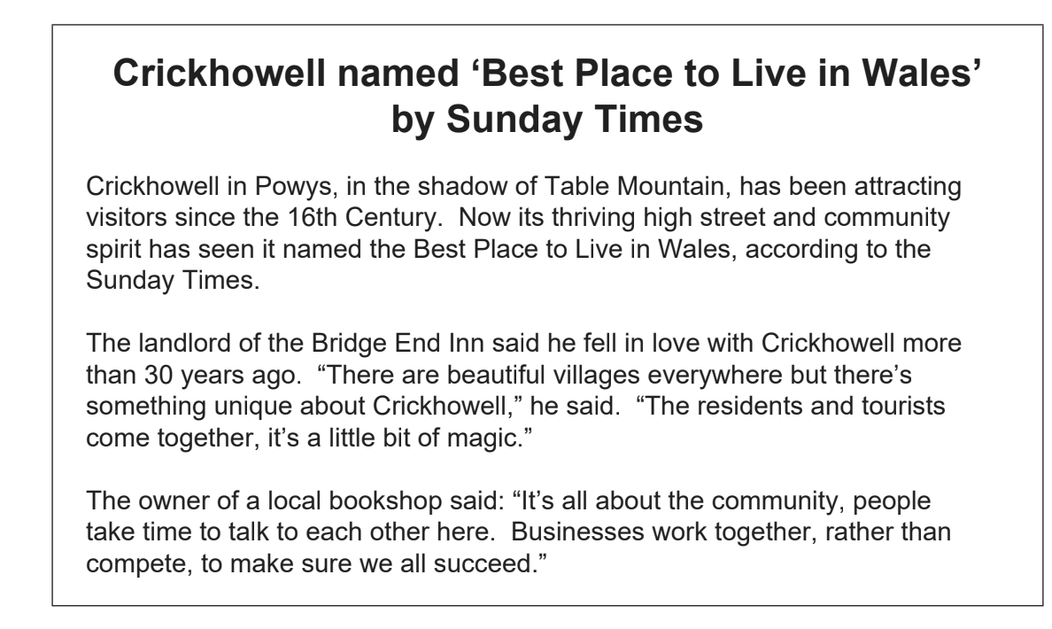 Text describes Crickhowell in Powys being named 'Best Place to Live in Wales' by Sunday Times, highlighting its community spirit and charm.