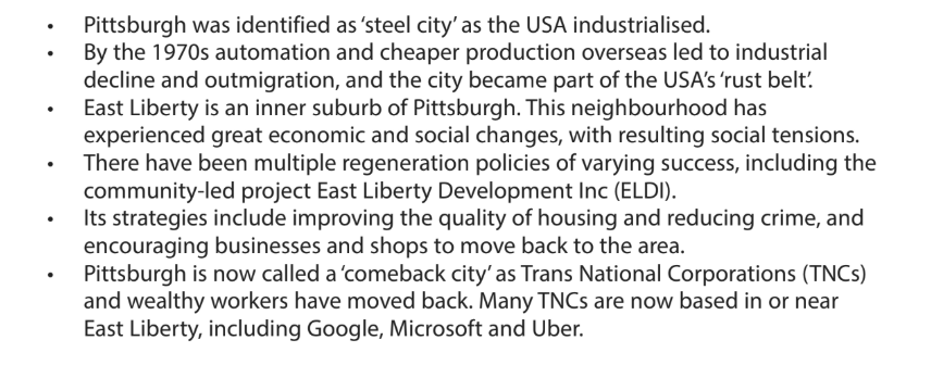 Bullet points about Pittsburgh's industrial decline, urban regeneration in East Liberty, and its comeback with tech companies like Google and Uber.