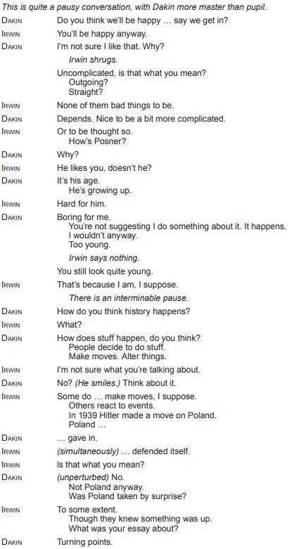 Text from a script featuring a dialogue between characters Dakin and Irwin, discussing topics like happiness, maturity, history, and Poland.