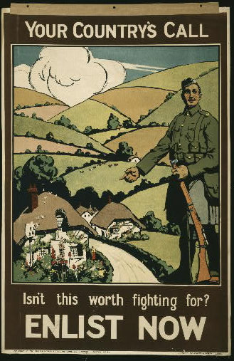 Vintage wartime poster showing a soldier pointing towards a picturesque rural landscape with cottages and fields. Text urges enlistment.