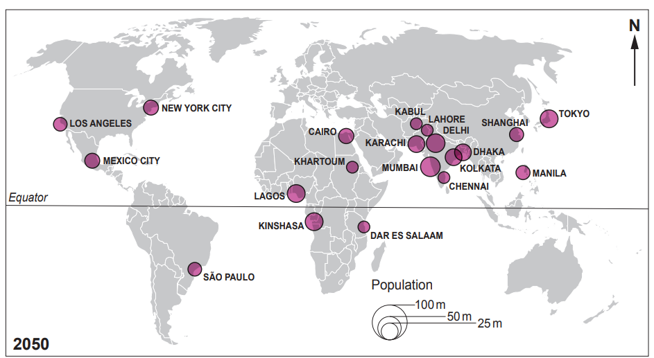 Map of major global cities projected to have populations over 25 million by 2050, marked by varying sized pink circles indicating population size.