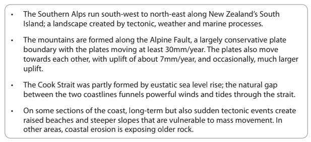 Text box explaining the formation of New Zealand's Southern Alps and Cook Strait, detailing tectonic activity, plate movement, uplift rates, and coastal erosion.