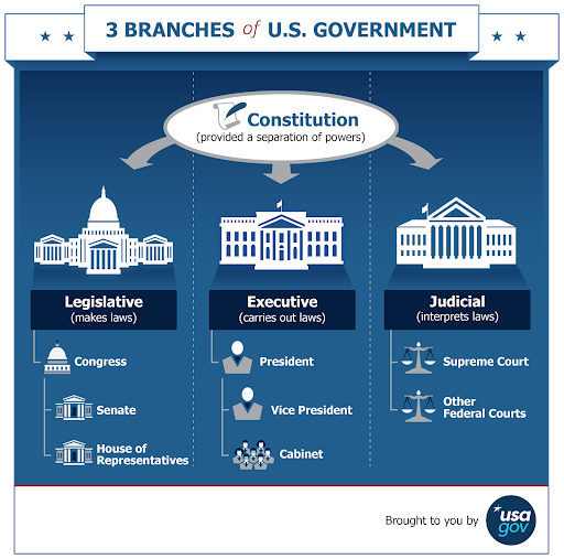 Diagram illustrating the three branches of the U.S. government: Legislative (Congress, Senate, House), Executive (President, Vice President, Cabinet), Judicial (Supreme Court, Federal Courts).