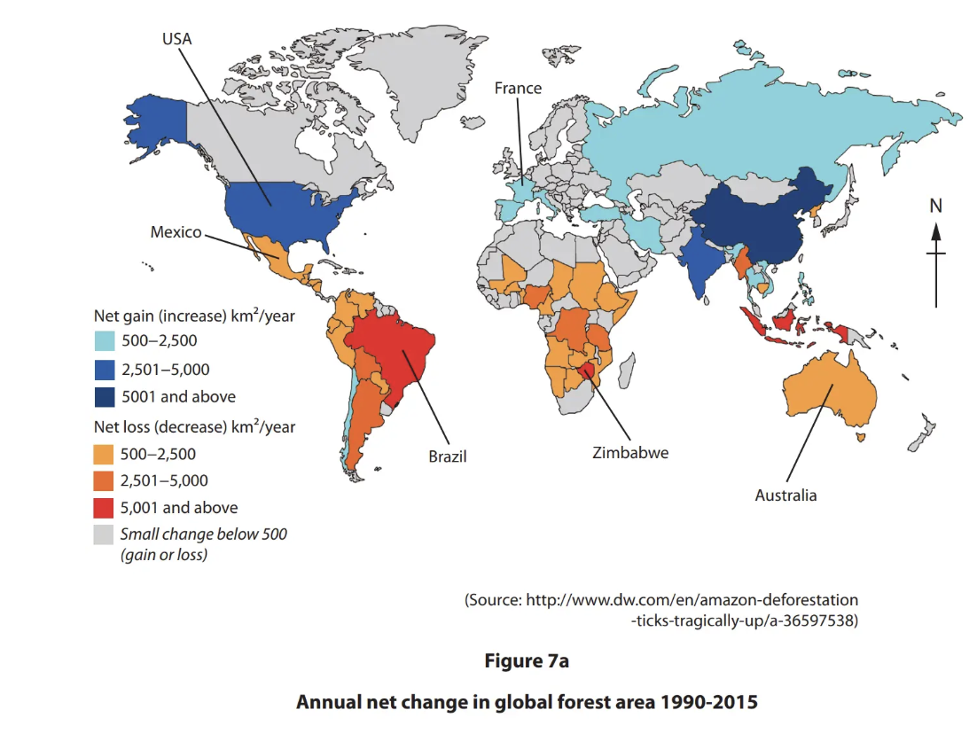 World map showing net changes in forest area from 1990-2015. Different colours indicate net gain or loss in km²/year. Major changes marked in select countries.