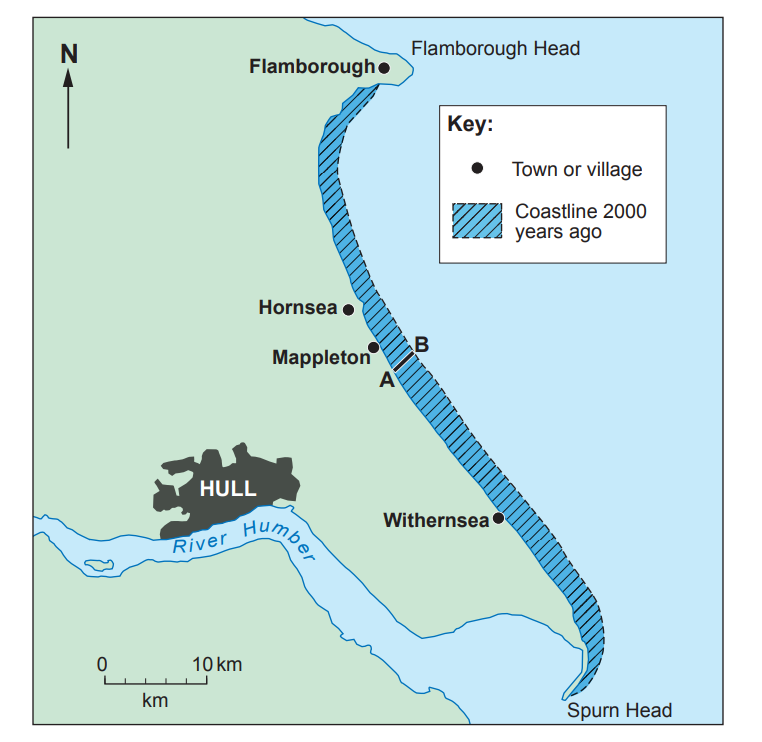 Map showing towns along the east coast of England: Flamborough, Hornsea, Mappleton, Withernsea; coastline from 2000 years ago is highlighted.