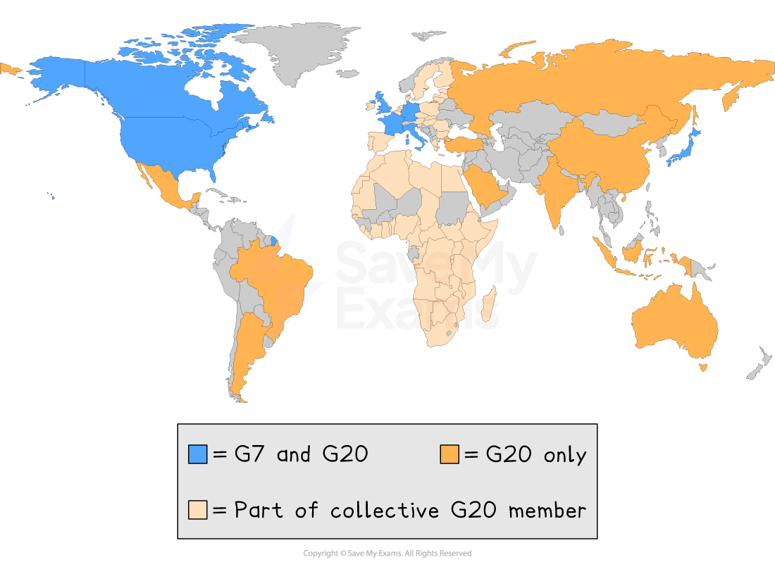 World map shows G7 and G20 countries in teal, G20 only in orange, and collective G20 members in light orange. Legend indicates membership categories.
