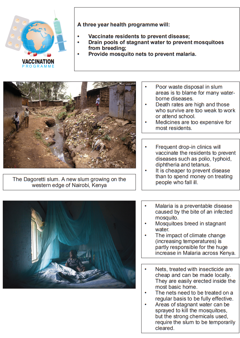 Health programme flyer showing vaccination plans, stagnant water draining, and mosquito net distribution in a growing Nairobi slum to fight diseases.