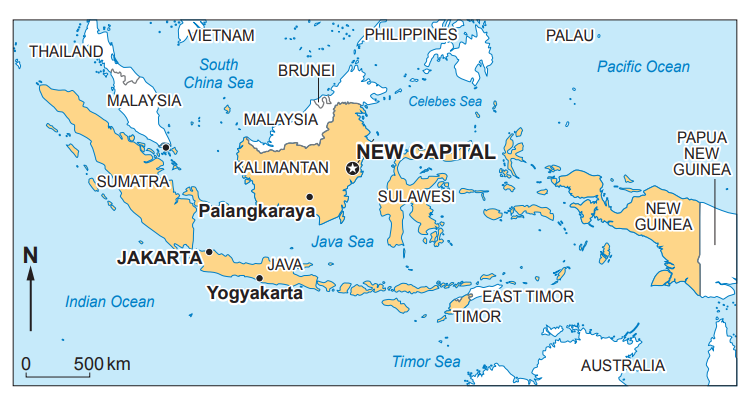 Map of Indonesia and Southeast Asia showing major islands, capitals Jakarta and Palangkaraya, and the planned new capital on Kalimantan.