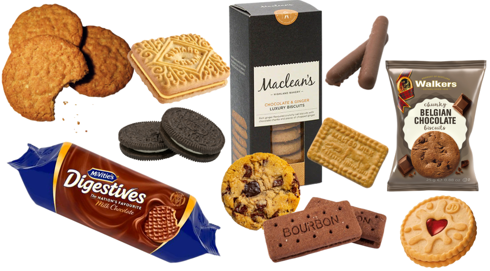 An assortment of various biscuits and cookies, including chocolate digestives, Bourbons, ginger biscuits, shortbread, and chocolate chip varieties.