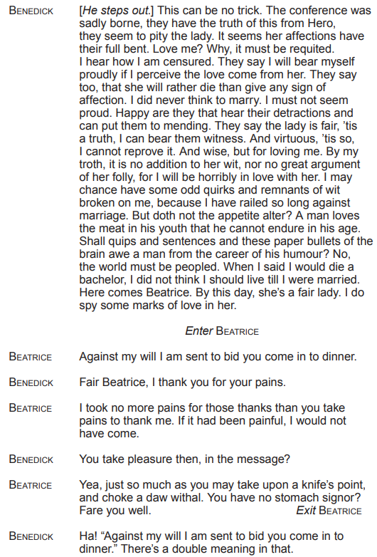 A dialogue from a play features Benedick reacting to Beatrice inviting him to dinner. He muses about love and humour; Beatrice responds sharply.