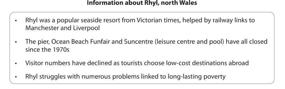 Information box about Rhyl, North Wales, detailing its decline from a popular Victorian seaside resort to facing issues of poverty and decreased tourism.