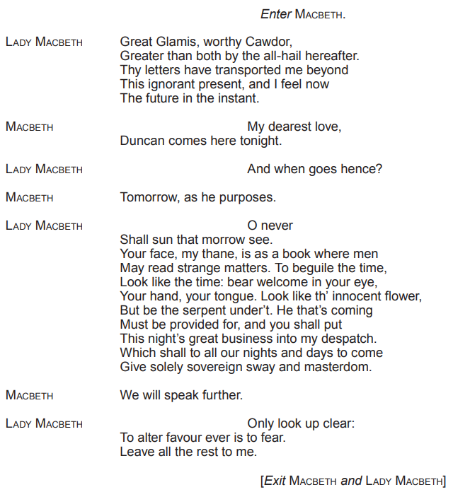 Lady Macbeth and Macbeth discuss King Duncan's arrival, plotting his murder. Lady Macbeth urges Macbeth to act innocent and leave the rest to her.