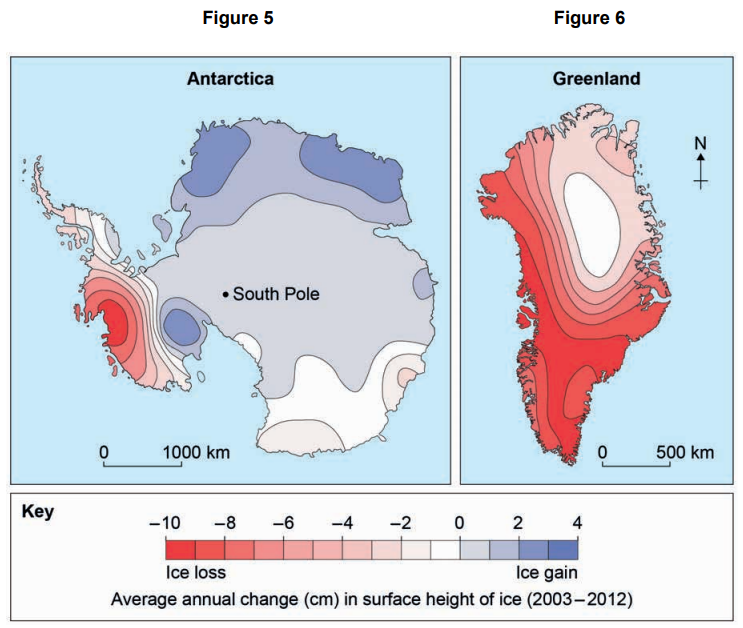 Comparison maps showing average annual change in ice height from 2003-2012; Antarctica experiences mixed changes, Greenland uniformly loses ice.
