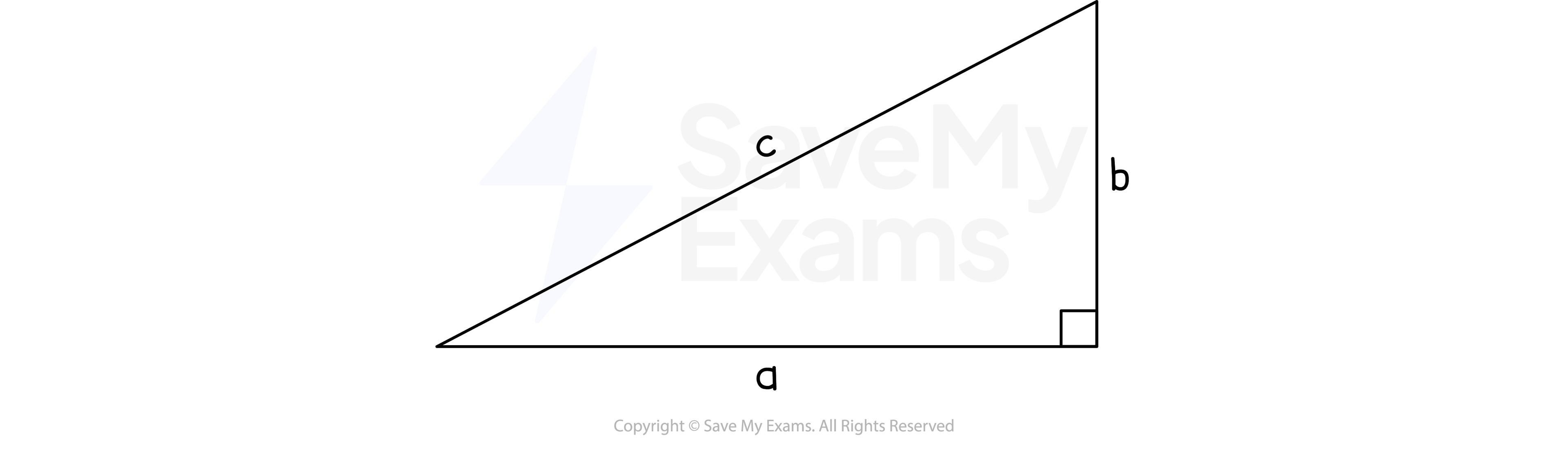 A right-angled triangle with the sides labelled a, b and c