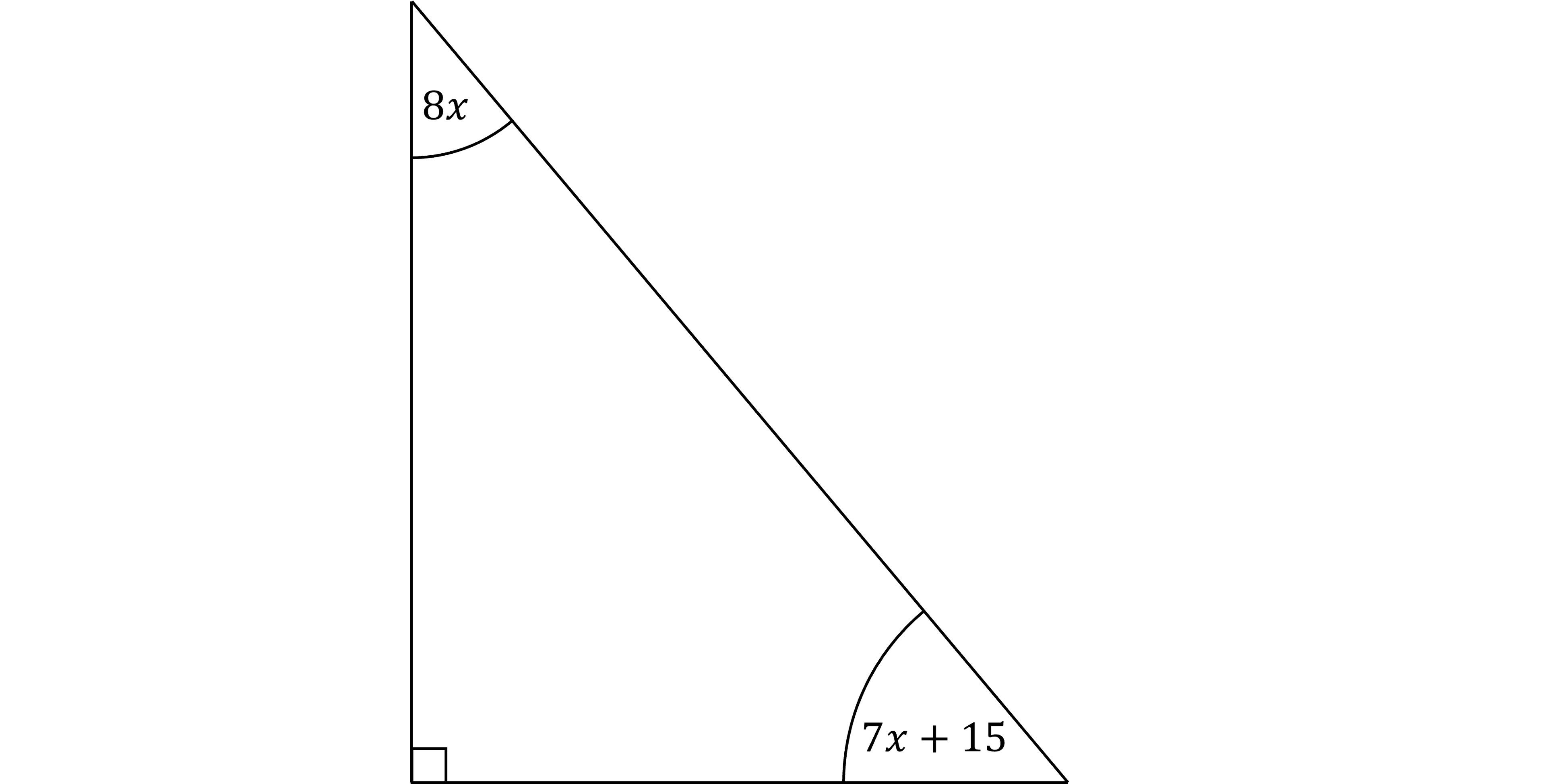 Right-angled triangle with angles labelled: 8x at the top, 7x + 15 at the base, and a 90-degree corner.
