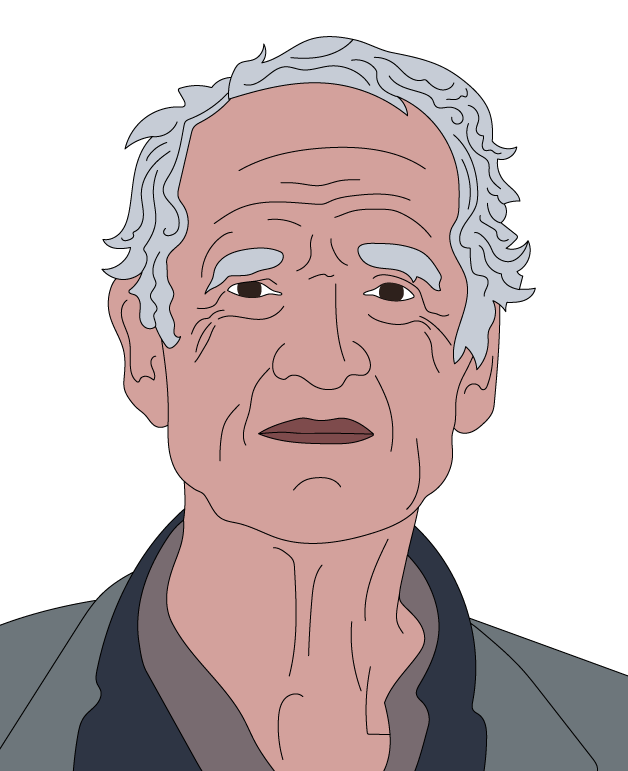 Elderly man with grey hair looks directly at the camera, wearing a grey jacket