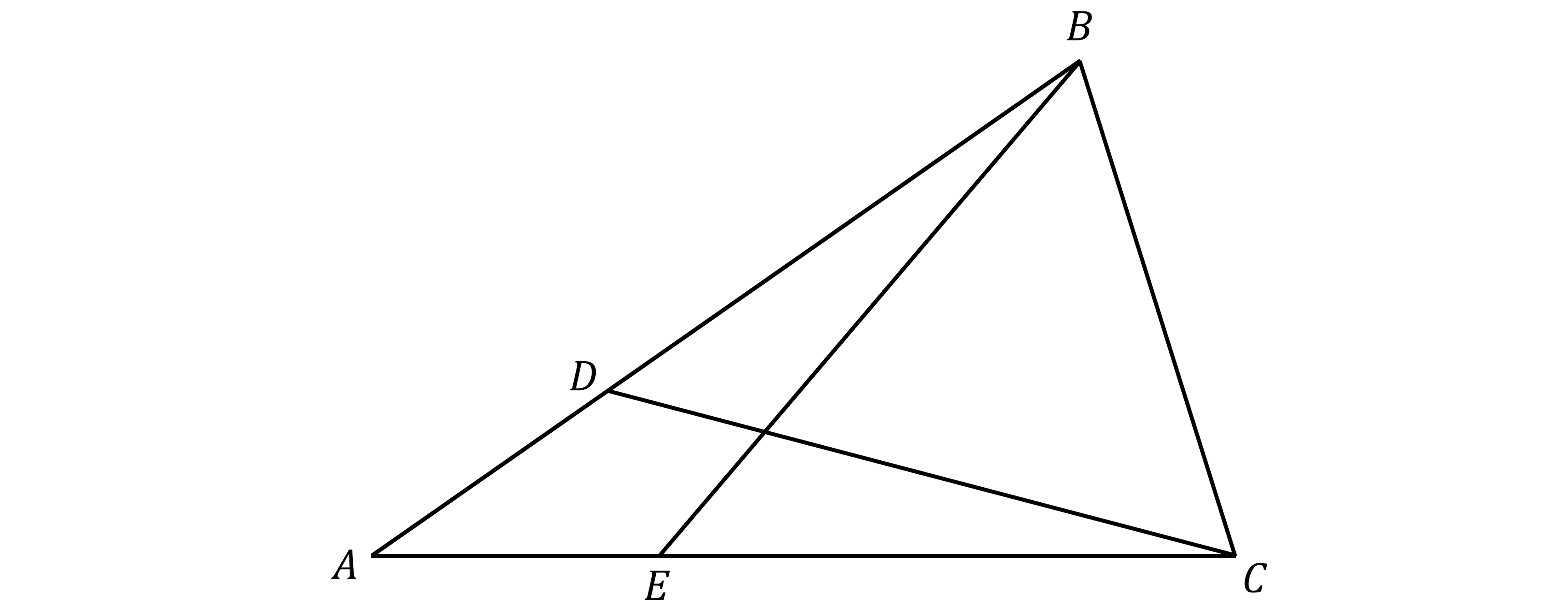Diagram of a triangle ABC with point D marked on AB and point E marked on AC. Line segments DC and EB are drawn across the interior of the triangle.