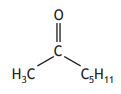 Chemical structure of 2-heptanone, with a central carbon double-bonded to oxygen and single-bonded to methyl (CH3) and pentyl (C5H11) groups.
