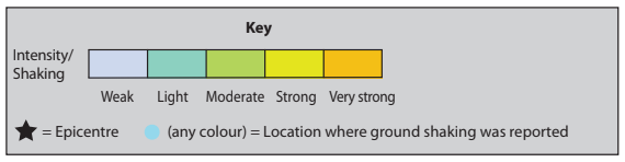Earthquake map key showing intensity levels: weak (purple), light (green), moderate (yellow-green), strong (yellow), very strong (orange); epicentre as star.