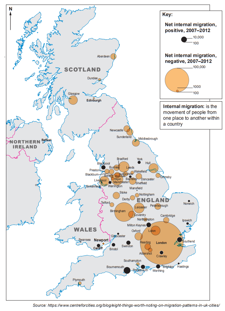 Map of the UK showing net internal migration from 2007 to 2012, with positive and negative changes marked by circles of varying sizes.