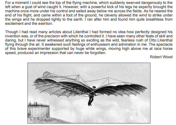 A black-and-white illustration of Otto Lilienthal gliding in a bat-like flying machine above a field, demonstrating early aviation efforts with descriptive text above.