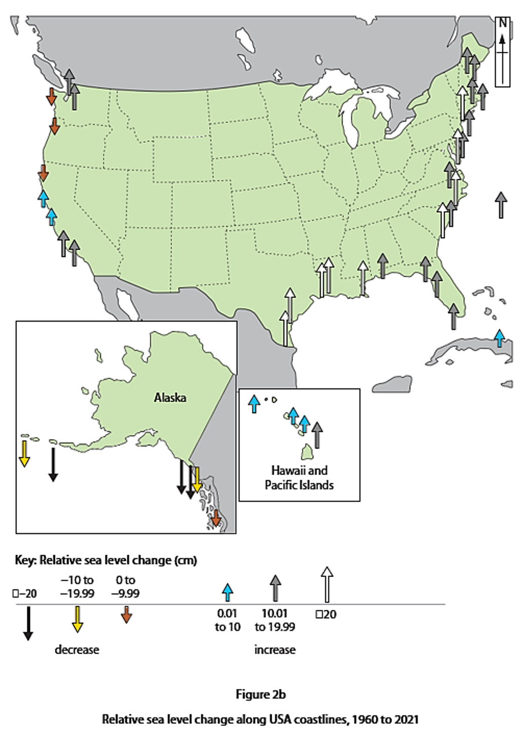 Map of USA, Alaska, and Hawaii shows relative sea level change from 1960 to 2021 with arrows indicating increases and decreases in centimetres.