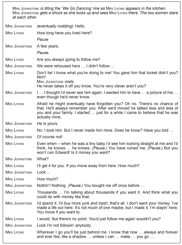 Dialogue transcript of a tense conversation between Mrs Johnstone and Mrs Lyons in a kitchen, discussing their shared secret and a child's future.