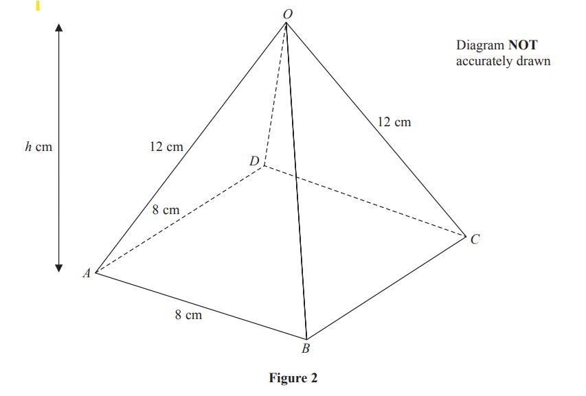 Diagram of a pyramid with triangular base ABC and apex O. Sides OA and OC are 12 cm, AB and AC are 8 cm, and height OD is labelled. Diagram not to scale.